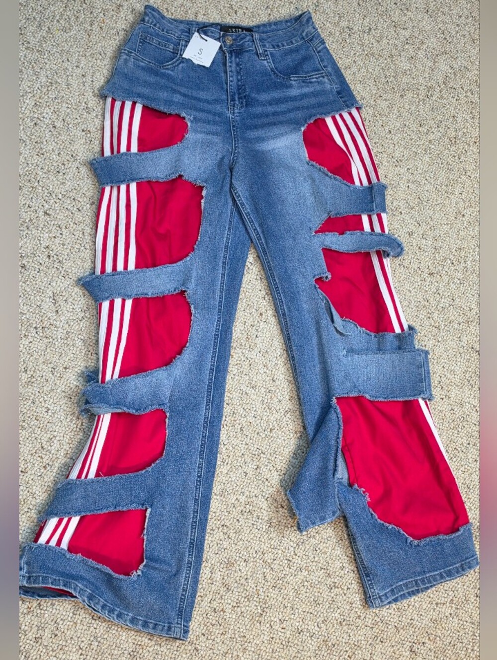 AKIRA Blue Denim Flare Jeans with Red Striped Insets